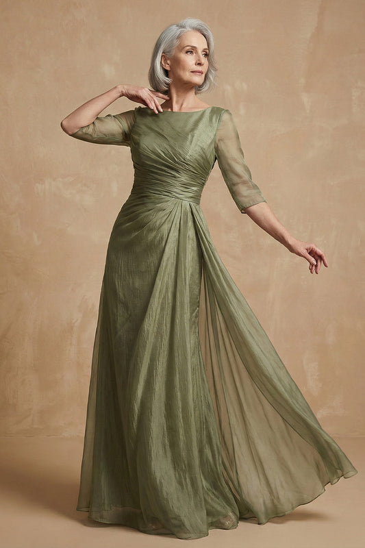 Robe de mère de la mariée longue ligne A à col bateau froncé vert sauge poudré