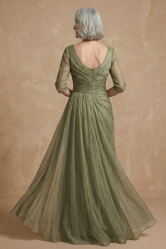 Robe de mère de la mariée longue ligne A à col bateau froncé vert sauge poudré
