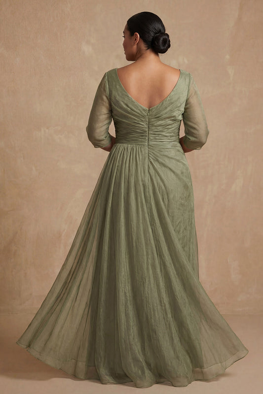 Robe de demoiselle d'honneur trapèze plissée mi-manches grande taille Dusty Sage