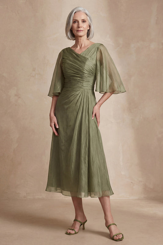 Robe midi plissée à demi-manches trapèze vieux rose pour mère de la mariée