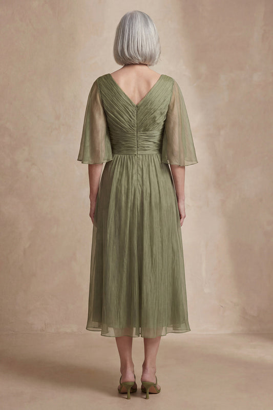 Robe midi plissée à demi-manches trapèze vieux rose pour mère de la mariée