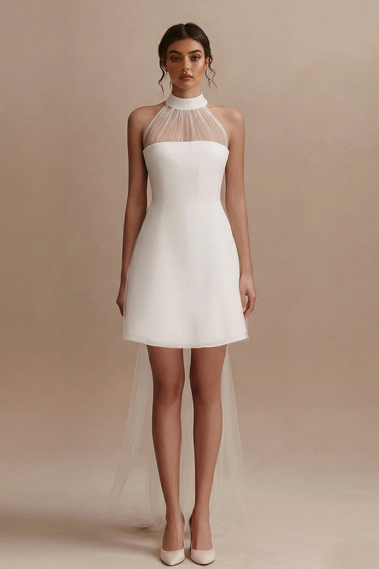 A-Line Mini Halter Neck Little White Dress with Sleeveless