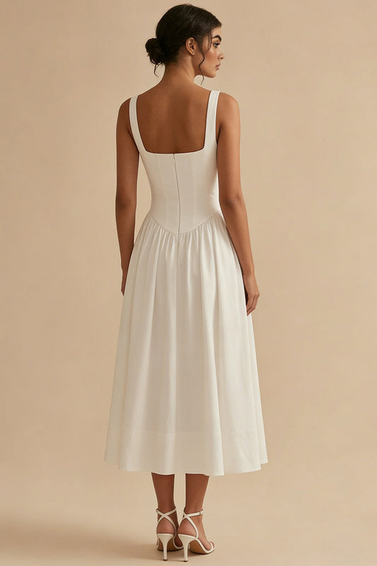 Robe blanche en satin A-line à col carré et bustier