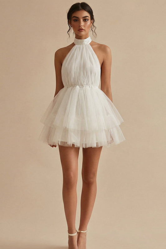 A-Line Halter Neck Mini Tulle Tiered Ruffles Little White Dress