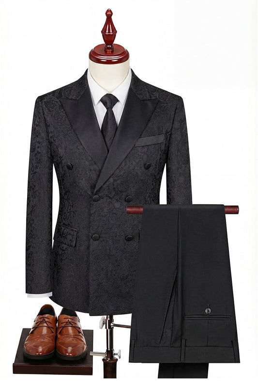 Costume 3 pièces croisé noir à revers pointus pour homme