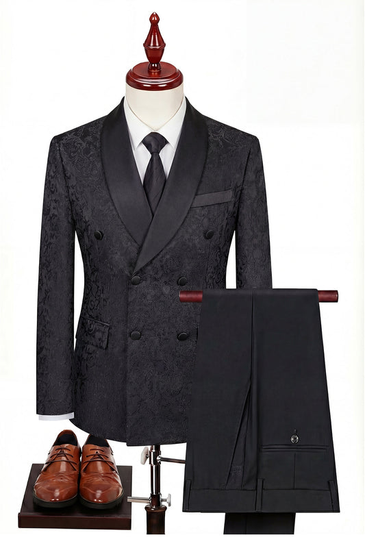 Costume 3 pièces croisé pour homme, revers châle noir