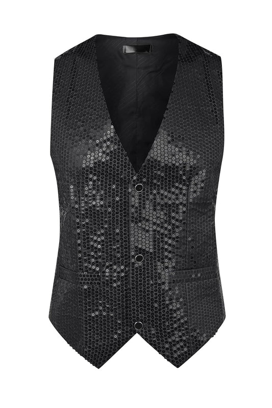Sparkly Black Single Breasted V-Neck Men's Suit Vest with Sequins
