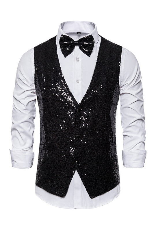 Black V-Neck Single Breasted Sequin Men's Suit Vest