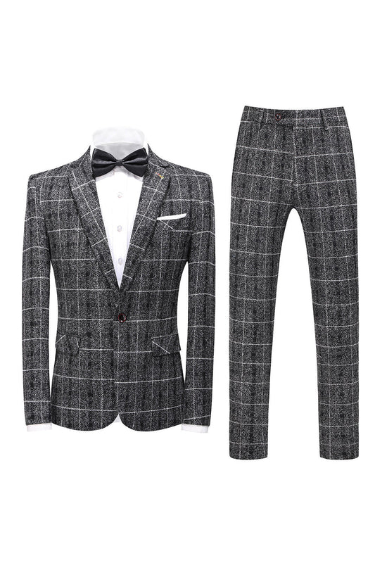 Costume de cérémonie 3 pièces noir à carreaux, revers crantés et un bouton pour homme