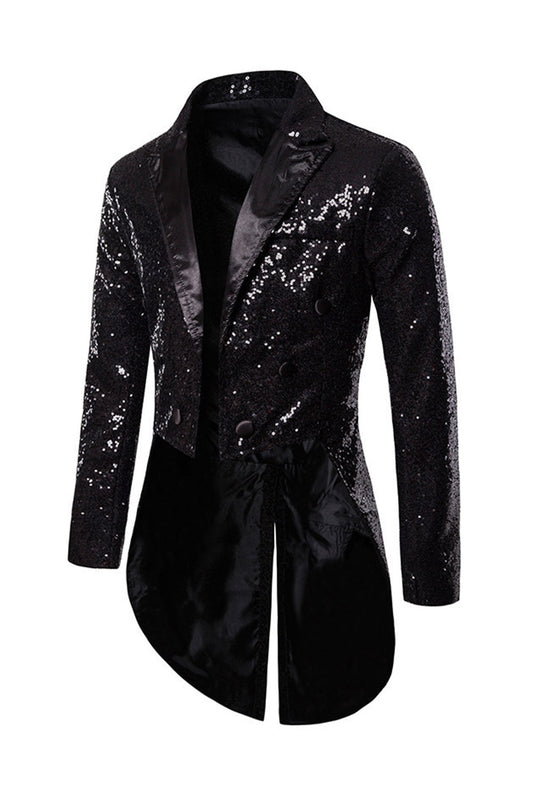 Black Sequin Peaked Lapel Double Breasted Men's Tuxedo Tailcoat