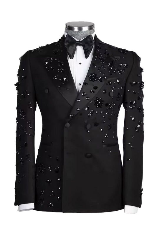 Costumes de bal pour homme 2 pièces à double boutonnage, revers en pointe et perles noires scintillantes