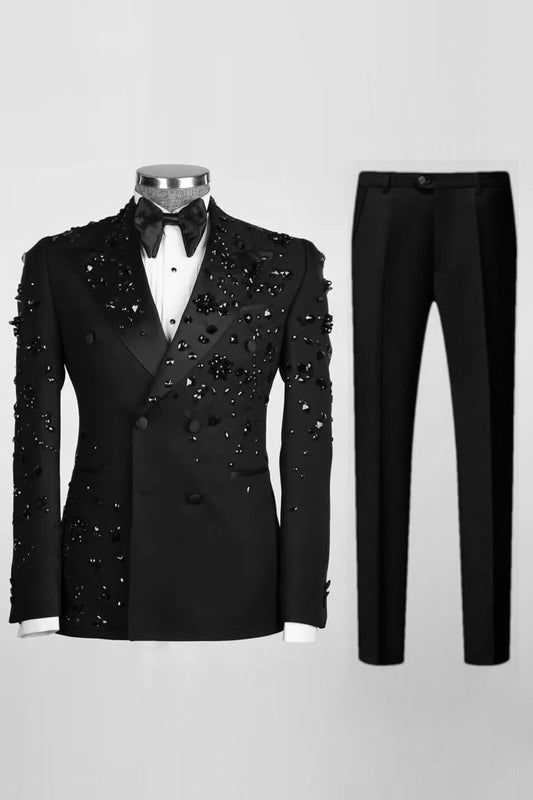 Costumes de bal pour homme 2 pièces à double boutonnage, revers en pointe et perles noires scintillantes