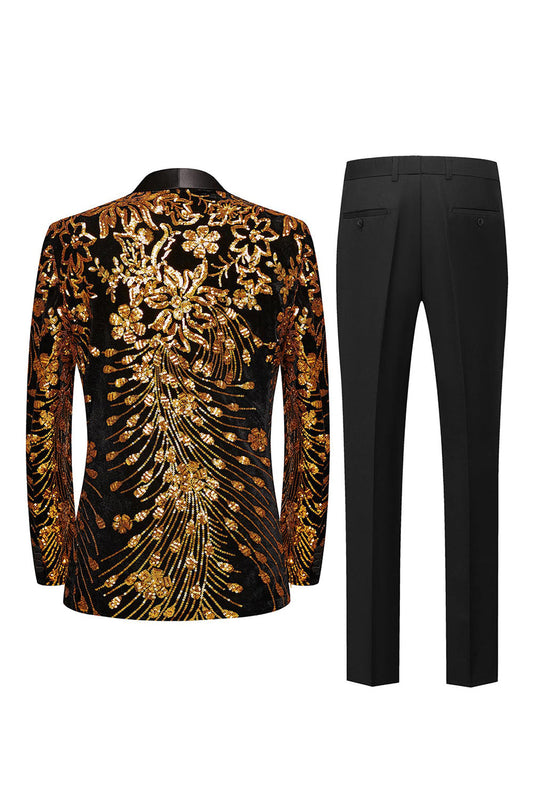 Gold Sequin One Button Shawl Lapel 2-piece Men's Prom Suits