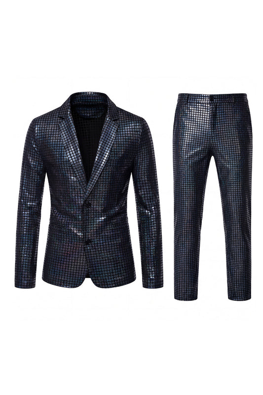 Costumes de bal pour homme, 2 pièces, revers cranté, coupe ajustée, motif à carreaux métallisés noirs