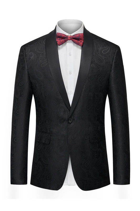 Blazer homme noir en jacquard à revers châle, simple boutonnage, avec nœud papillon