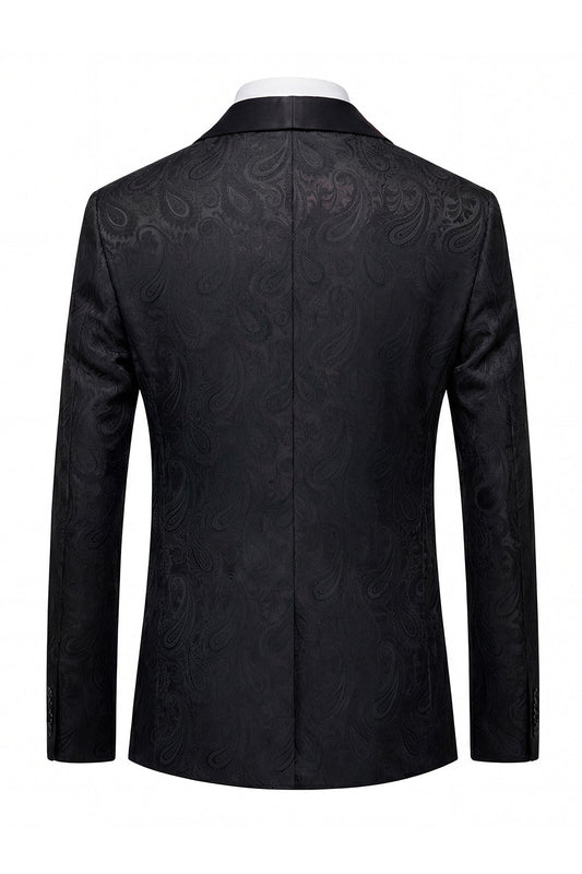 Blazer homme noir en jacquard à revers châle, simple boutonnage, avec nœud papillon