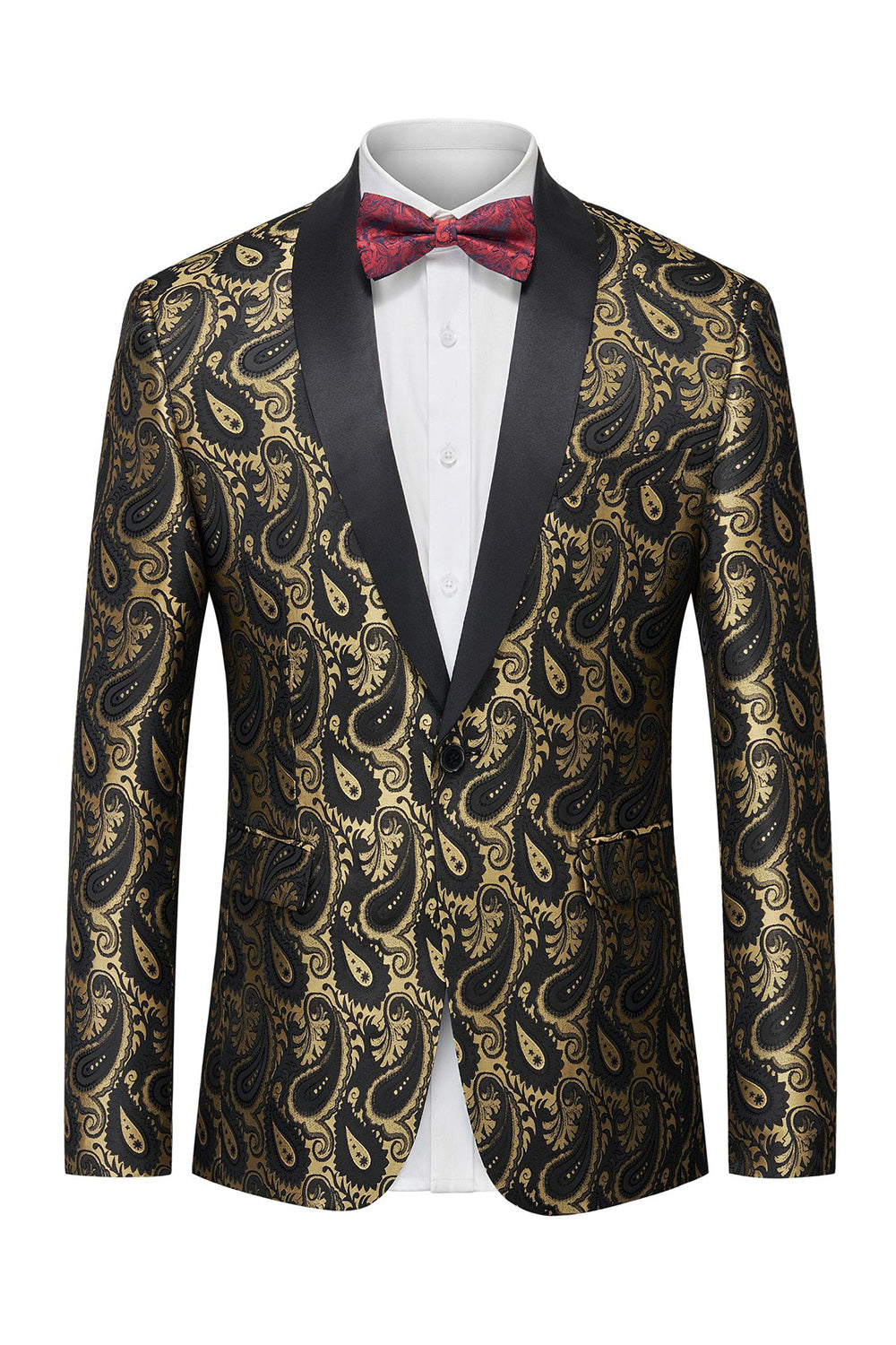 Black Jacquard Shawl Lapel Single Breasted Men's Blazer with Bowtie
