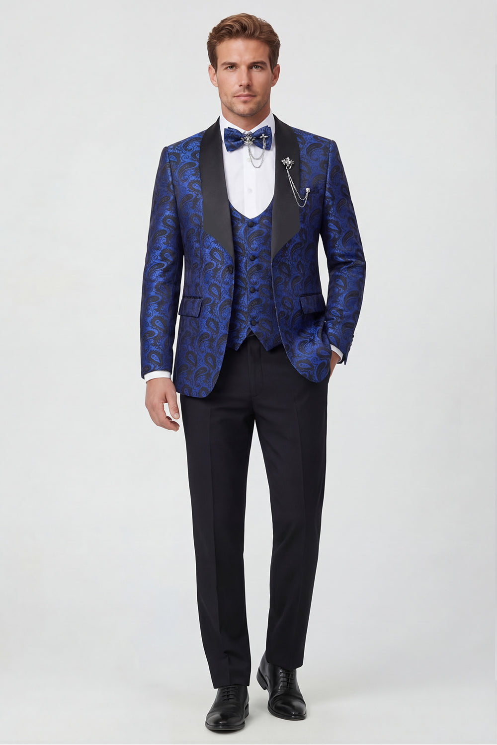 3 Piece Blue One Button Shawl Lapel Jacquard Men's Prom Suits