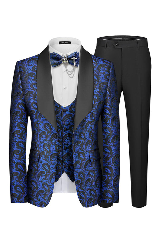 Costume de bal 3 pièces bleu pour homme avec revers châle à un bouton en jacquard