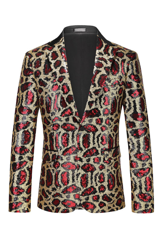 Sparkly Burgundy Leopard Sequin Peak Lapel Single Breasted Men's Blazer