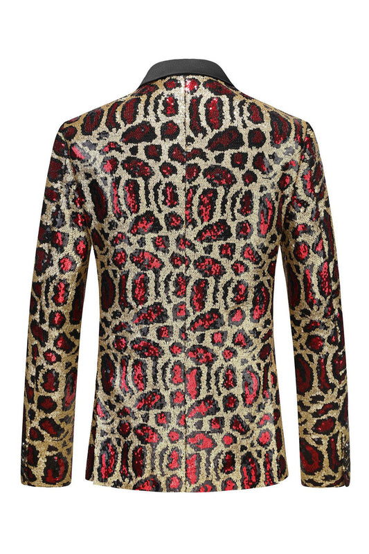 Sparkly Burgundy Leopard Sequin Peak Lapel Single Breasted Men's Blazer