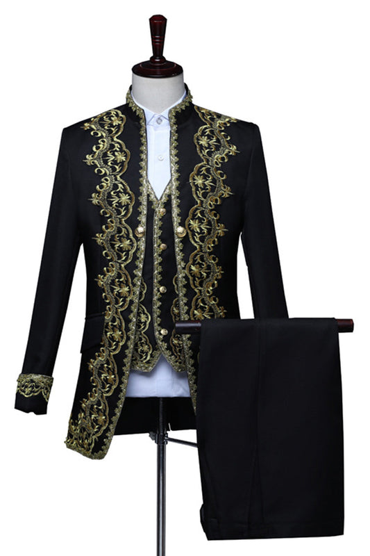 Costume 3 pièces baroque pour homme avec col montant brodé floral noir