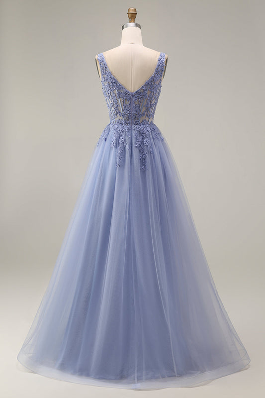 Robe de bal longue en tulle lavande poussiéreuse, corset trapèze, col carré, appliqués