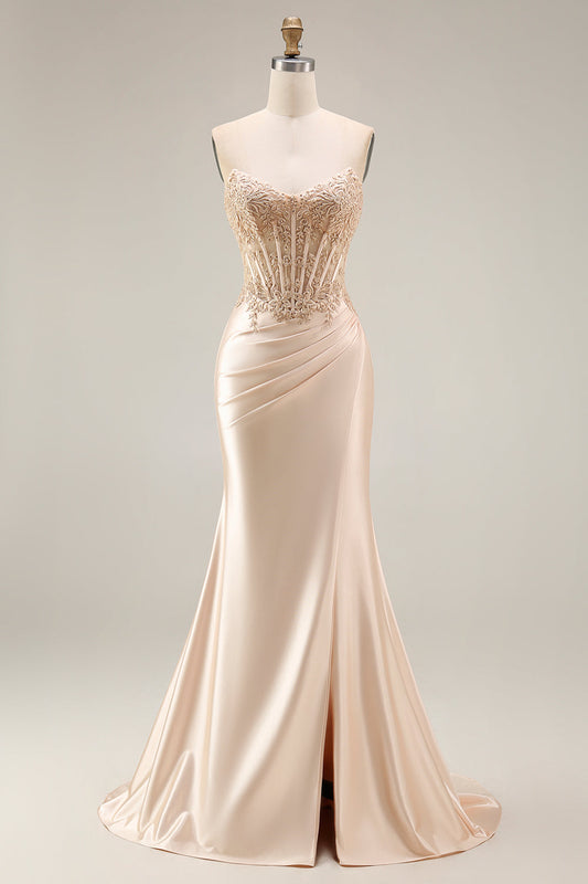 Champagne Satin Corset Mermaid Appliqued Ruched Long Prom Dress with Slit