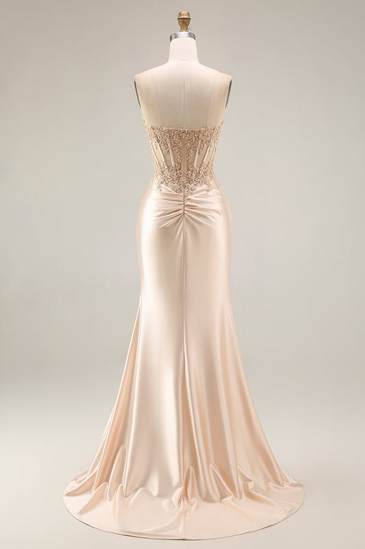 Champagne Satin Corset Mermaid Appliqued Ruched Long Prom Dress with Slit