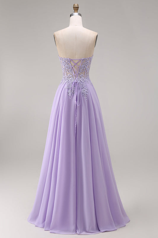 Robe de bal longue en tulle lilas bustier corset évasée avec appliqués