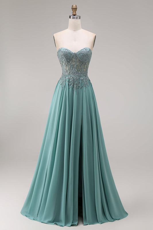 Chiffon Eucalyptus Sweetheart Corset A-Line Beaded Appliqued Long Prom Dress with Slit