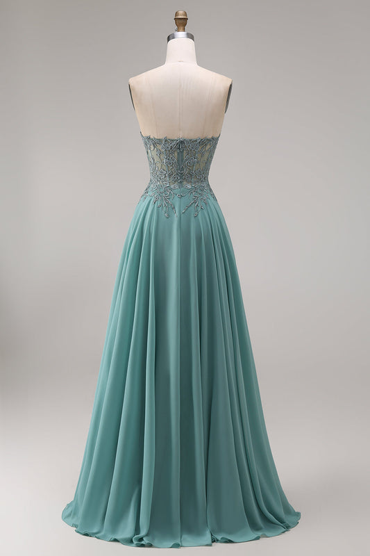 Chiffon Eucalyptus Sweetheart Corset A-Line Beaded Appliqued Long Prom Dress with Slit