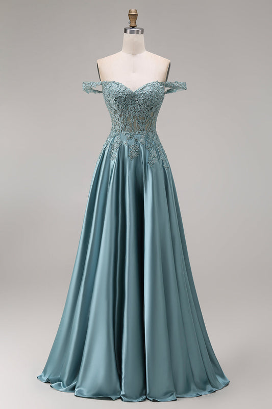 Robe de bal longue en satin Agave ornée d'un corset à épaules dénudées, d'applications perlées et d'une jupe trapèze