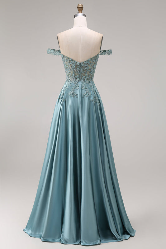 Robe de bal longue en satin Agave ornée d'un corset à épaules dénudées, d'applications perlées et d'une jupe trapèze