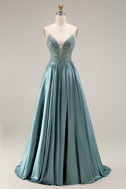 Robe de Bal Longue en Satin d'Agave Corset Évasée avec Applications Perlées et Fente