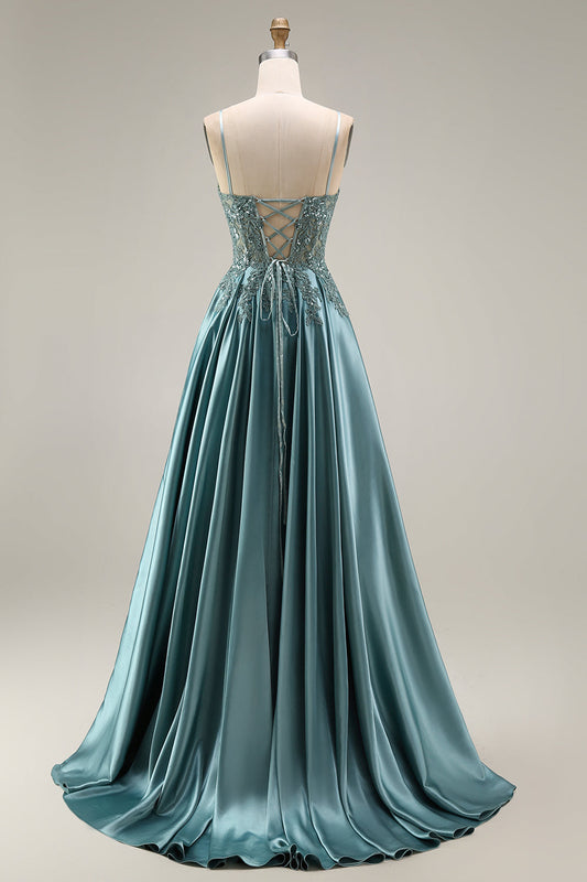 Robe de Bal Longue en Satin d'Agave Corset Évasée avec Applications Perlées et Fente