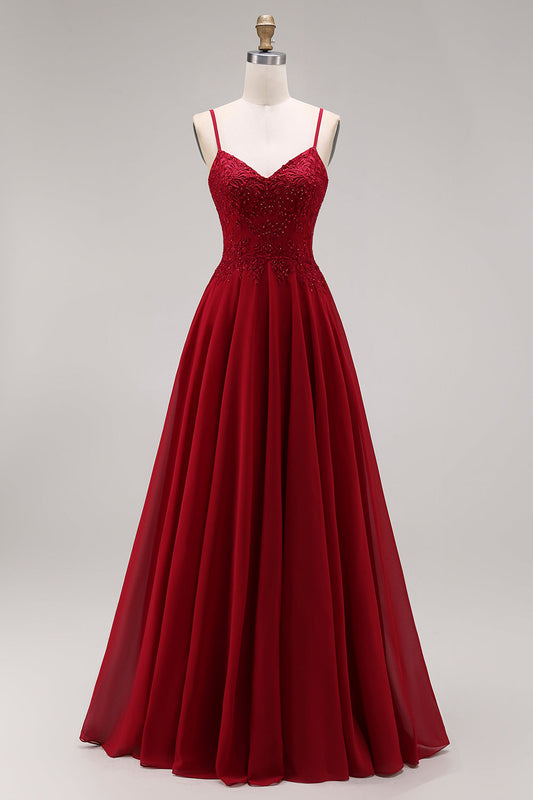 Robe longue de mère de la mariée trapèze en velours bordeaux avec appliques et perles