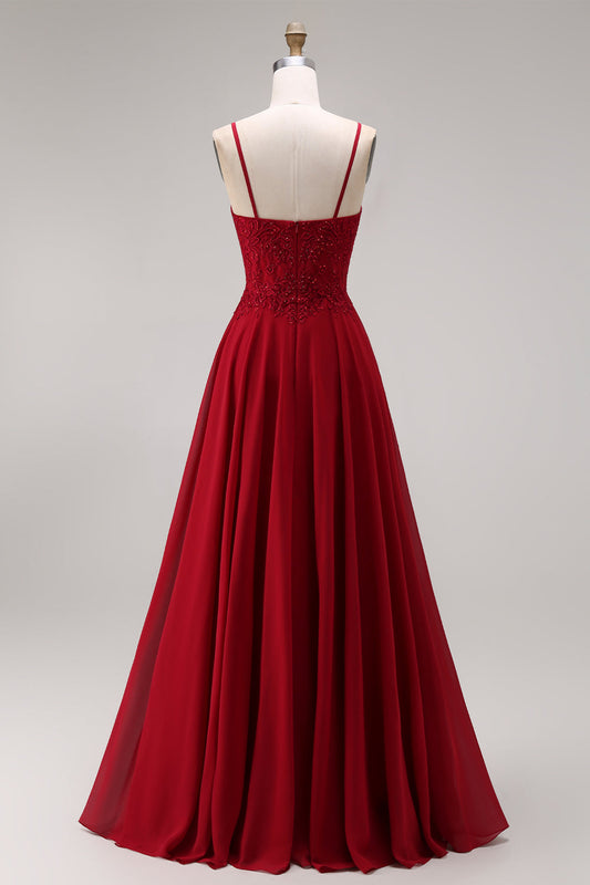 Robe longue de mère de la mariée trapèze en velours bordeaux avec appliques et perles