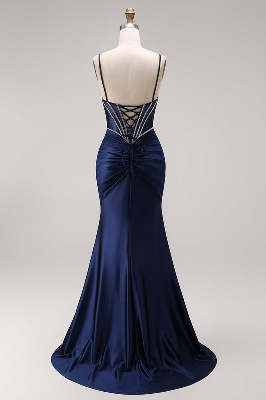 Satin Navy Mermaid Ruched Corset Lace-Up Back Long Prom Dress with Beading