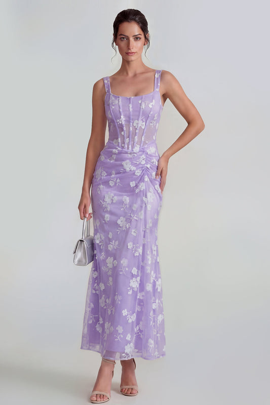 Robe fourreau midi florale lilas transparente à corset et col carré avec dos lacé