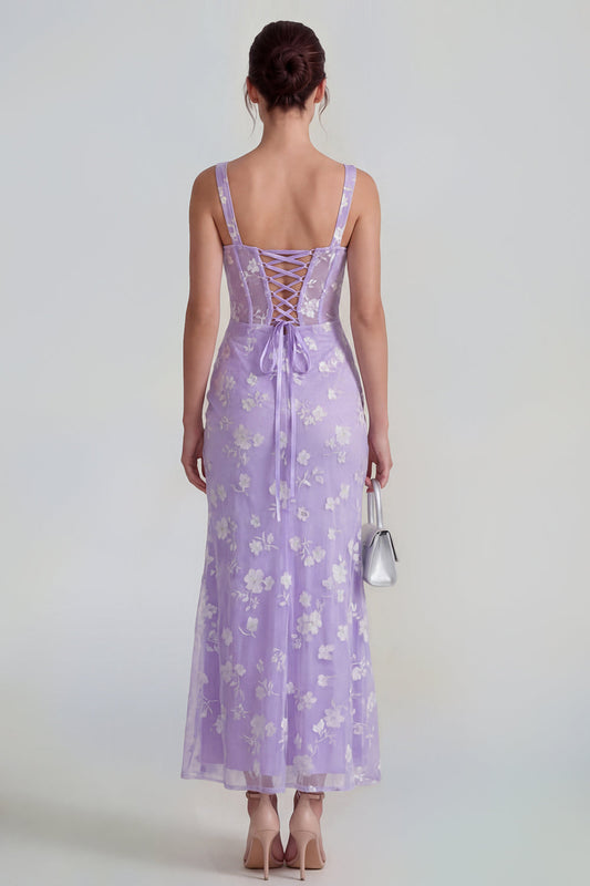 Robe fourreau midi florale lilas transparente à corset et col carré avec dos lacé