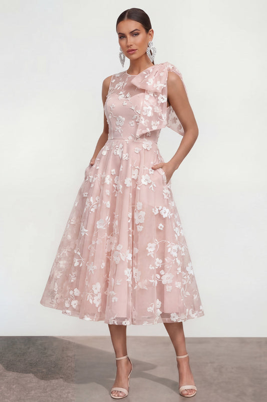 Pink Floral A-Line Bowed Round Neck Midi Dress with Pockets