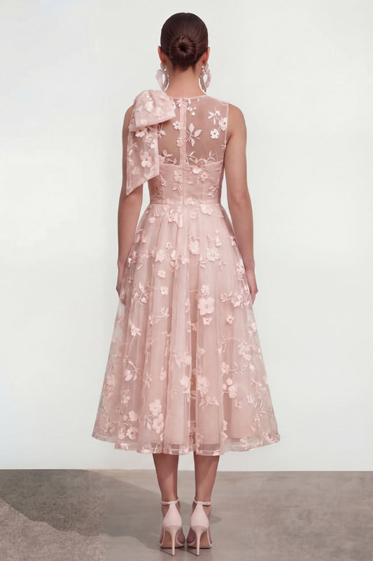 Pink Floral A-Line Bowed Round Neck Midi Dress with Pockets