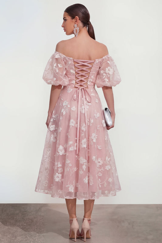 Off The Shoulder A-Line Pink Midi Floral Dress with Lace Up Back