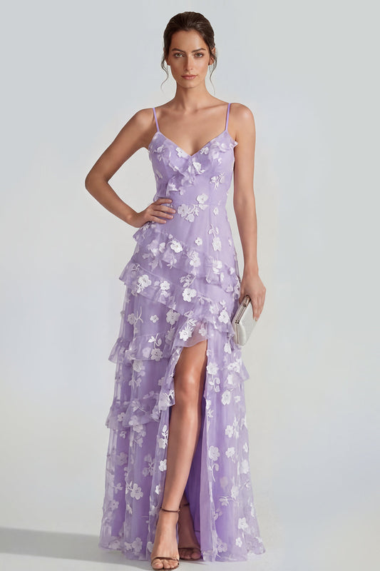 Robe longue fleurie Shearh Lilac à fines bretelles avec volants et fente