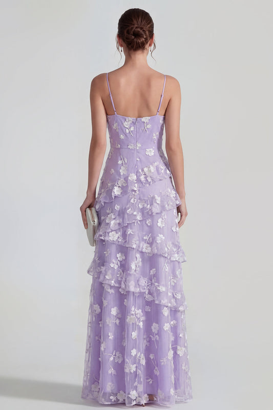Robe longue fleurie Shearh Lilac à fines bretelles avec volants et fente