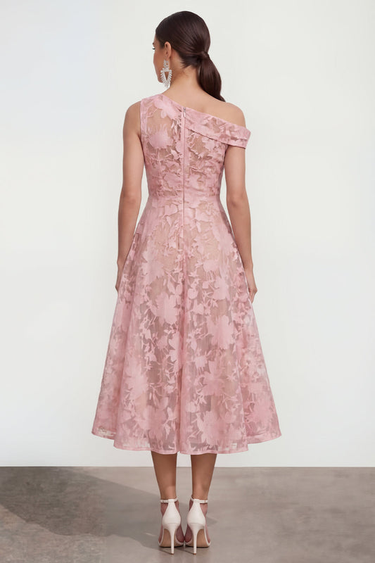 Robe midi trapèze asymétrique fleurie rose