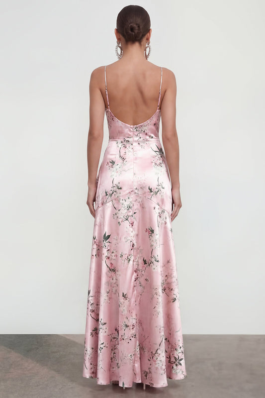 Pink A Line Spaghetti Straps Printed Floral Dress with Ruffle Slit