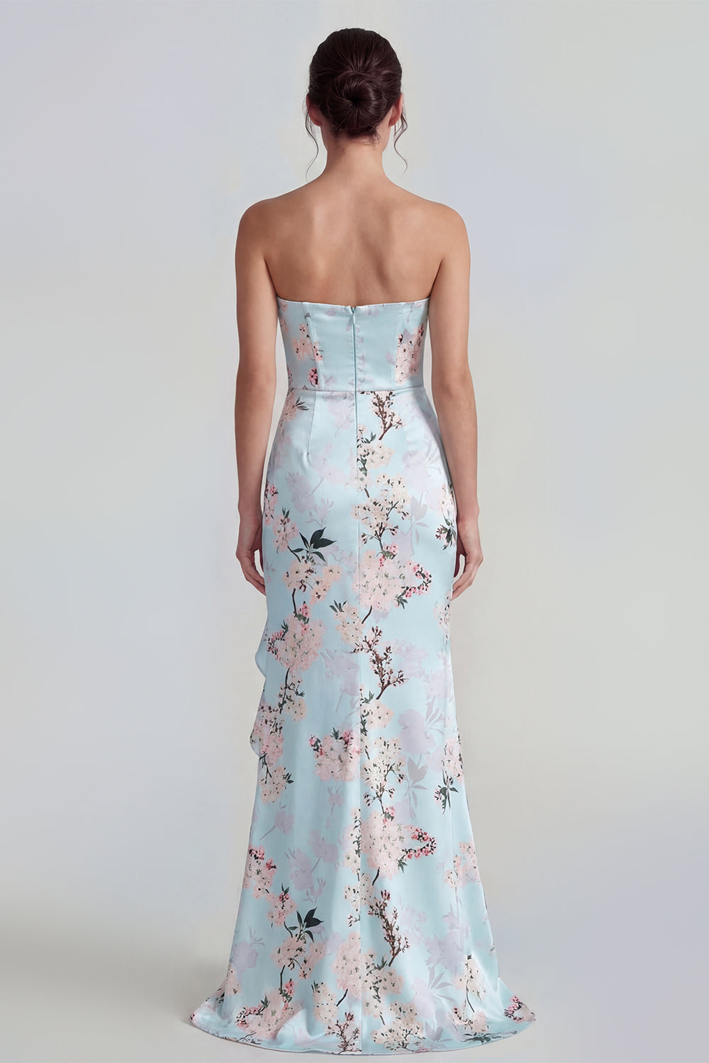 Pink Strapless Sheath Corset Long Floral Dress with Ruffle Slit