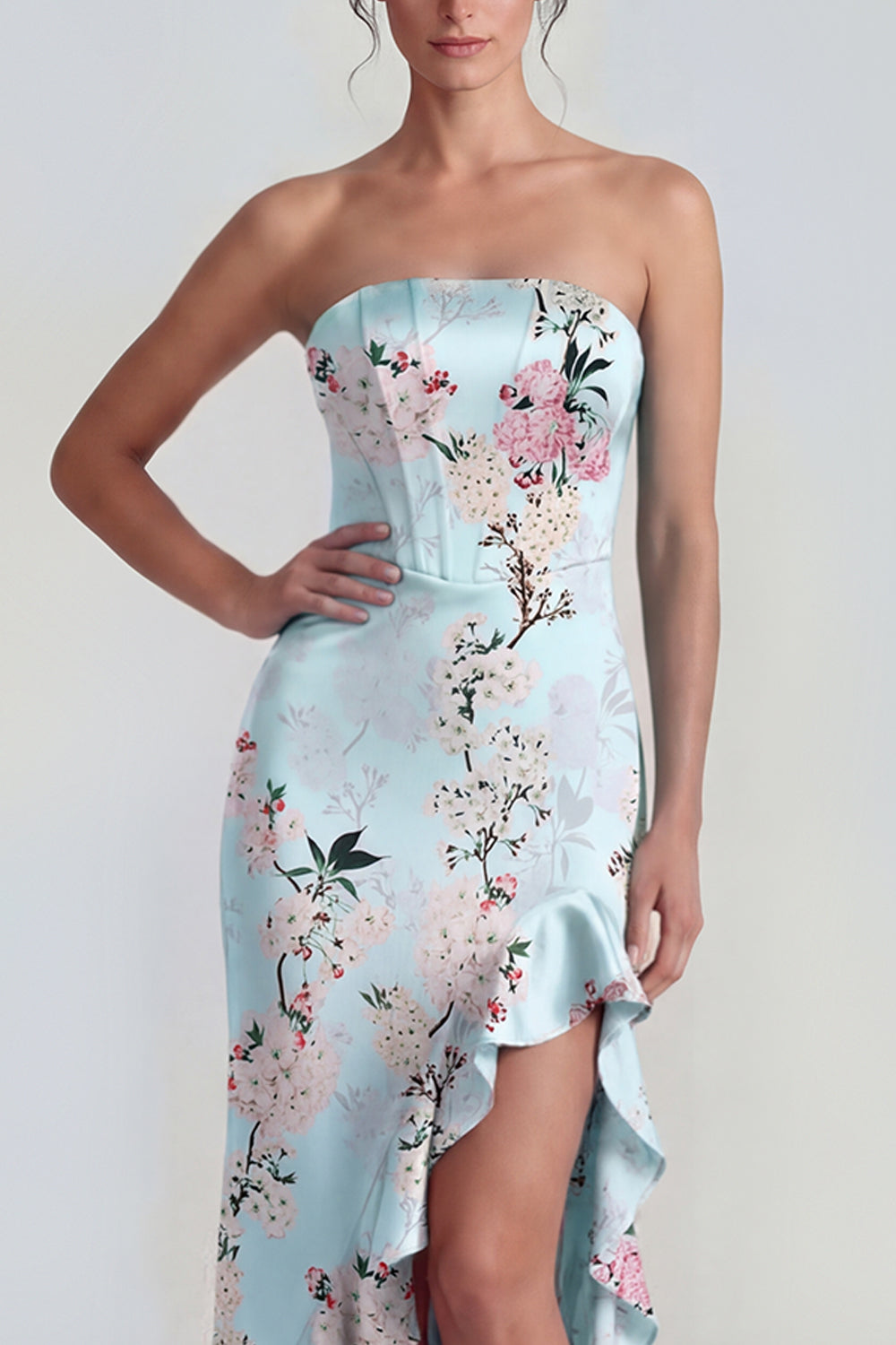 Pink Strapless Sheath Corset Long Floral Dress with Ruffle Slit